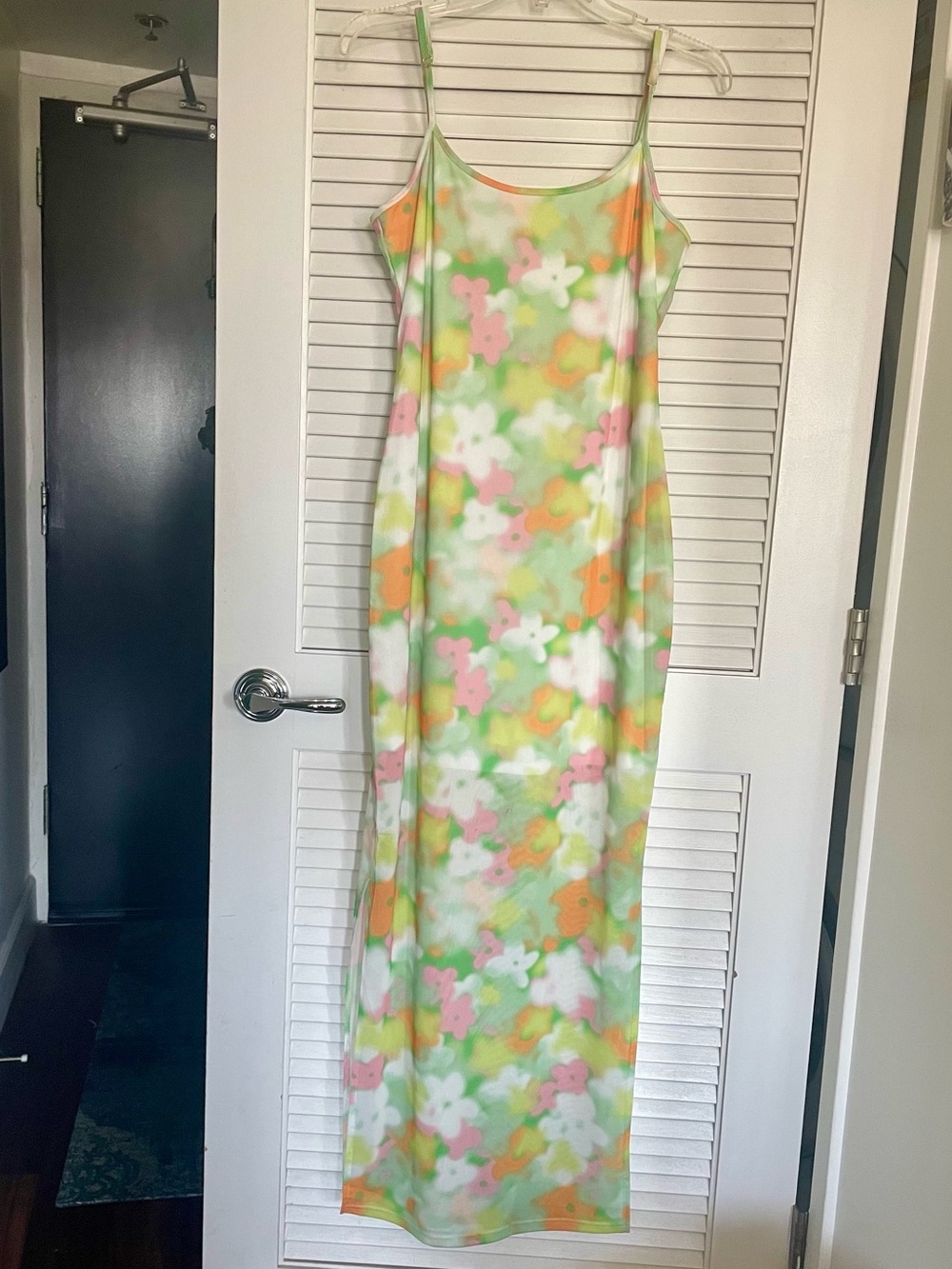 Glamorous Pastel Green Slip Dress with Pink & Orange Accents